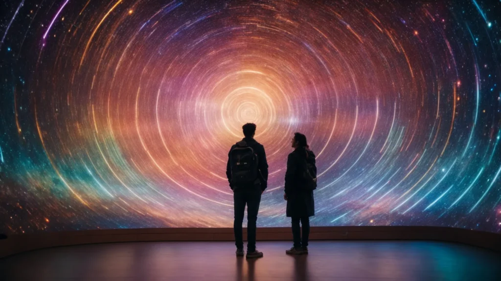 a person glowing with various colorful energy fields stands in front of a large, intricate chart that maps out a unique cosmic pattern.