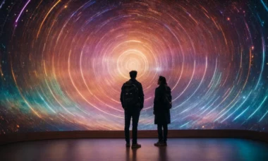 a person glowing with various colorful energy fields stands in front of a large, intricate chart that maps out a unique cosmic pattern.