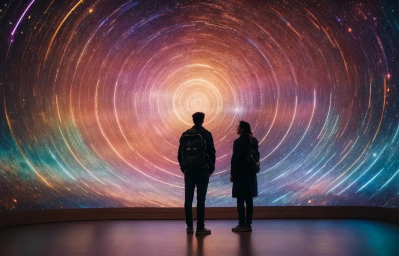a person glowing with various colorful energy fields stands in front of a large, intricate chart that maps out a unique cosmic pattern.