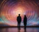a person glowing with various colorful energy fields stands in front of a large, intricate chart that maps out a unique cosmic pattern.