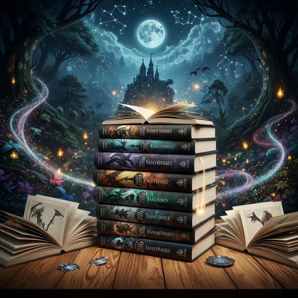 Collection of top fantasy series books with a magical backdrop, appealing to new readers