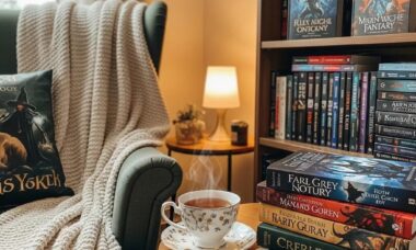 Cozy reading nook with fantasy books, inviting atmosphere, and warm lighting