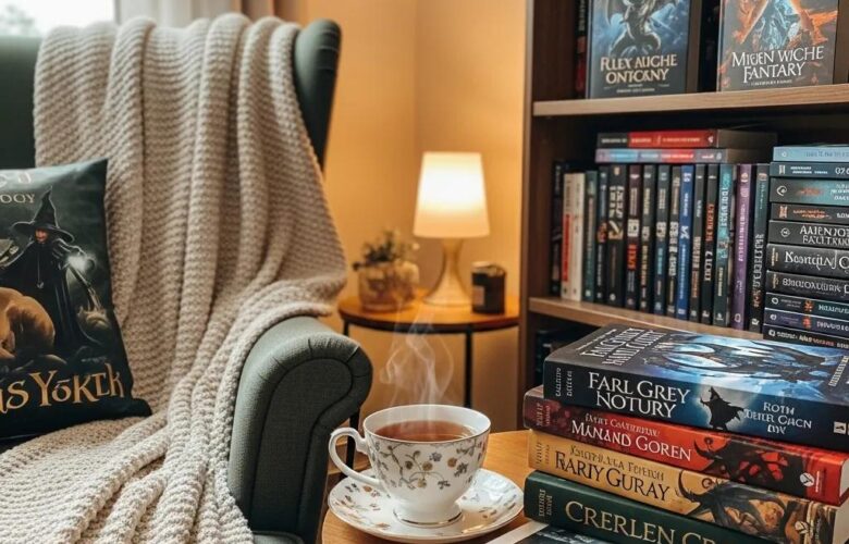 Cozy reading nook with fantasy books, inviting atmosphere, and warm lighting