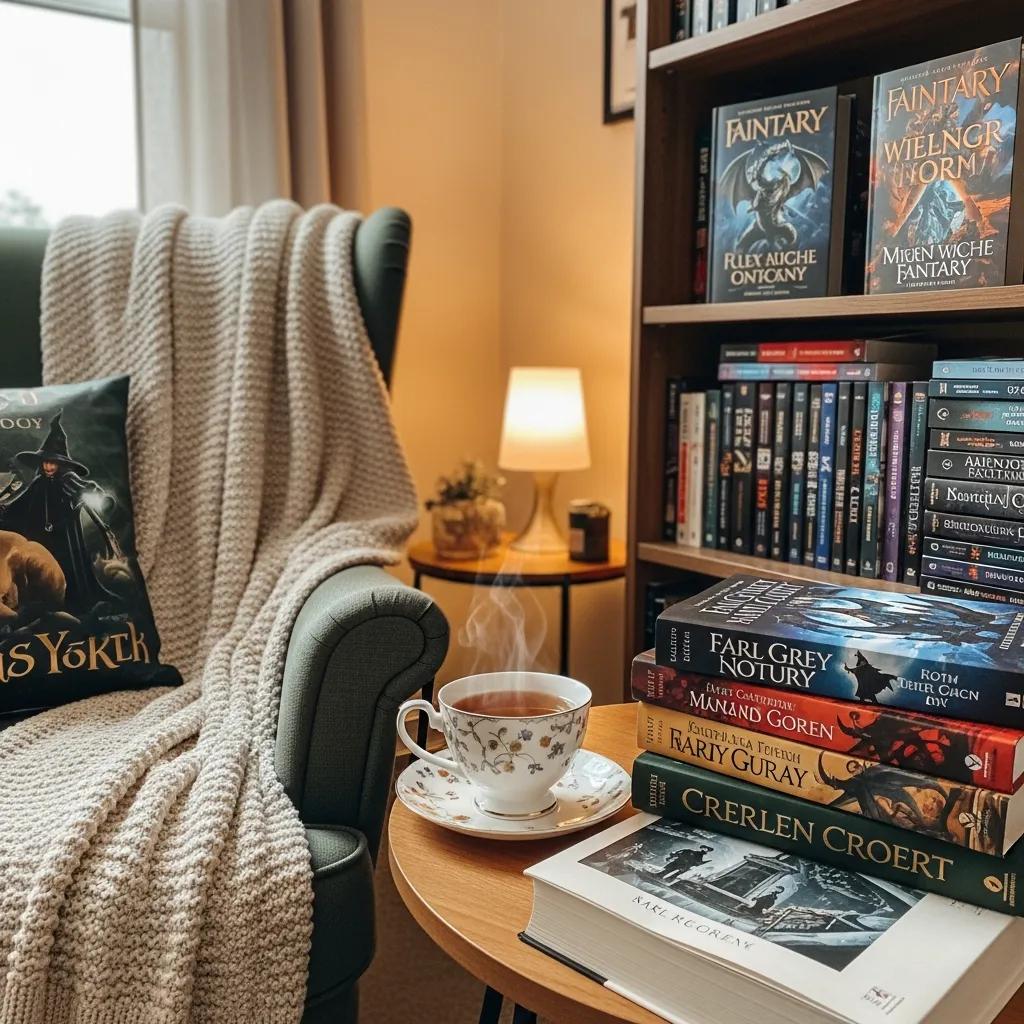 Cozy reading nook with fantasy books, inviting atmosphere, and warm lighting