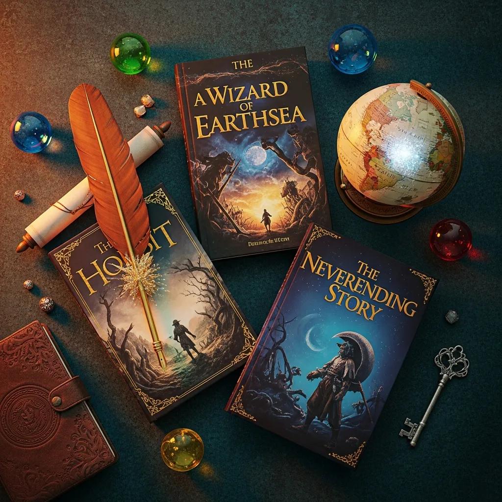 Flat lay of easy fantasy books with whimsical elements, inviting new readers