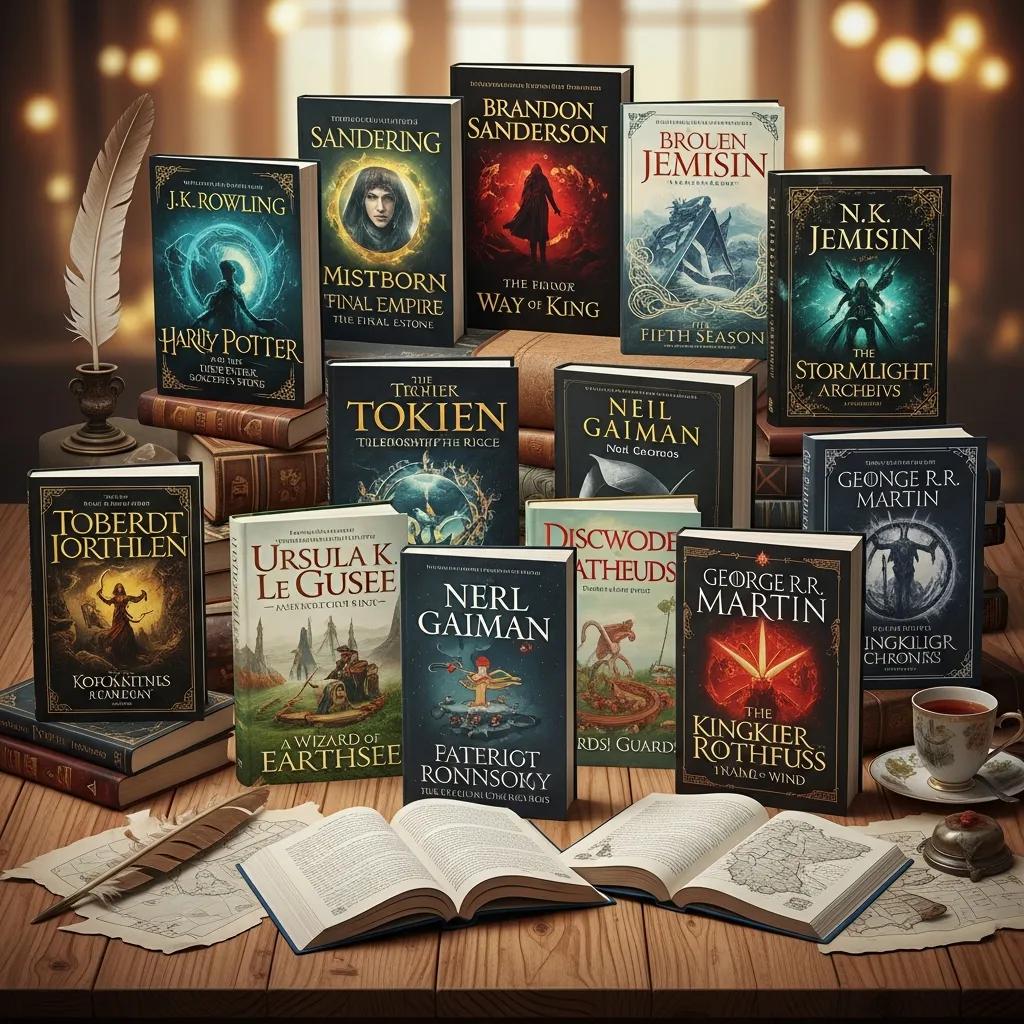 Collage of book covers from essential fantasy authors