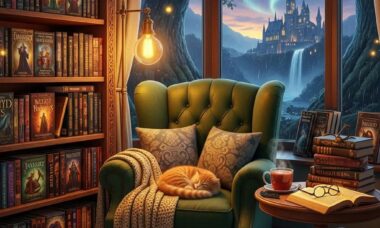 Cozy reading nook with fantasy books and magical landscape