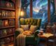 Cozy reading nook with fantasy books and magical landscape