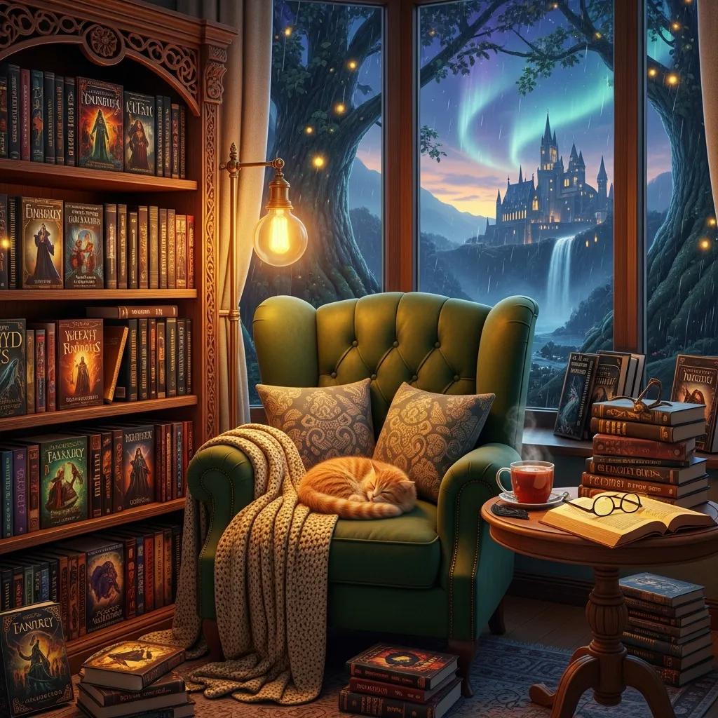 Cozy reading nook with fantasy books and magical landscape