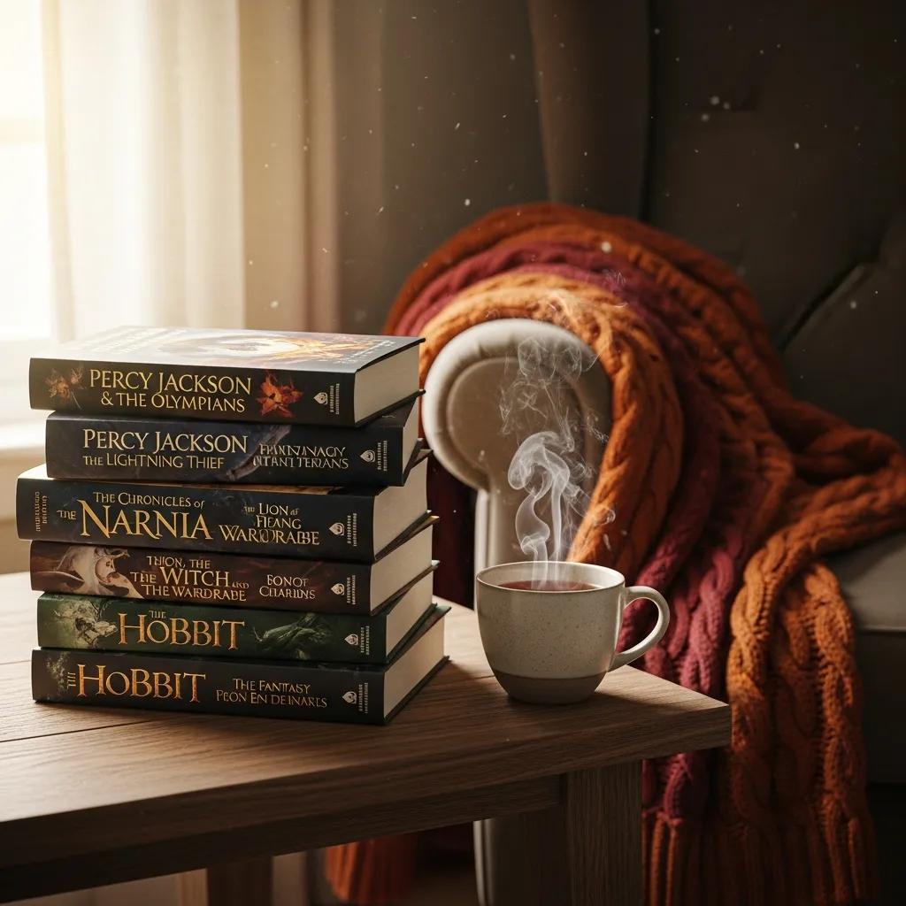 Stack of popular fantasy series books with a cozy reading setup